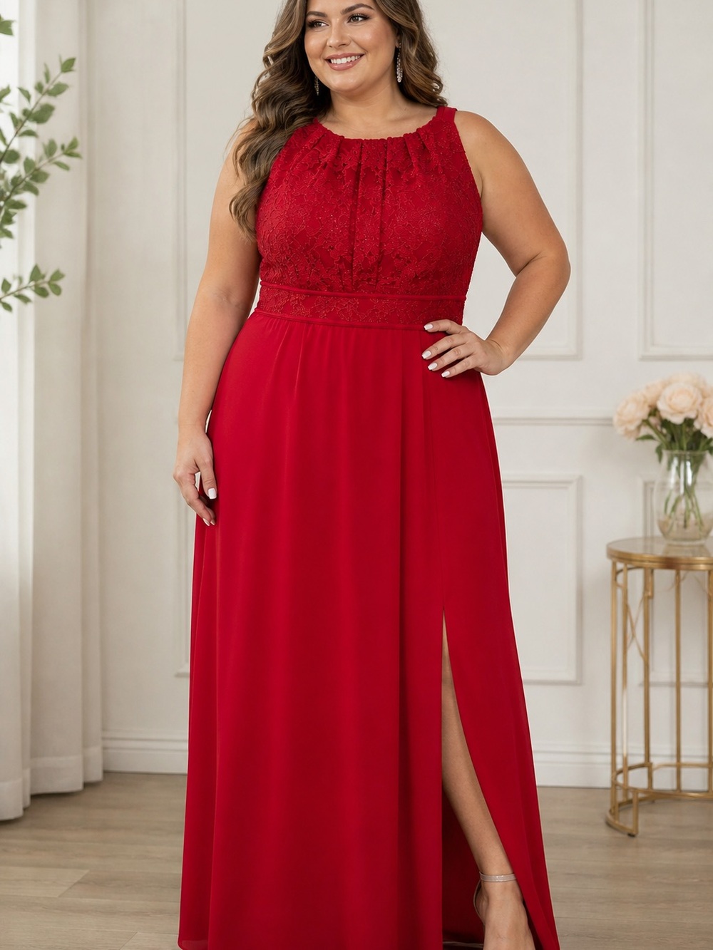 NW Woman Red Lace Maxi Dress Size 24W Formal Evening Sleeveless Elegant
